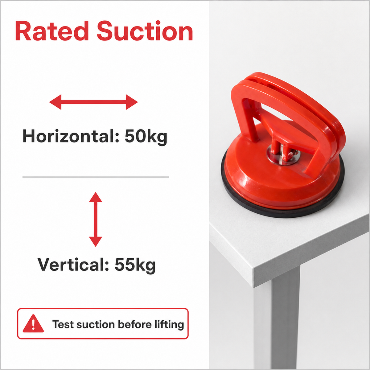 Rated suction graphic: horizontal 50kg and vertical 55kg
