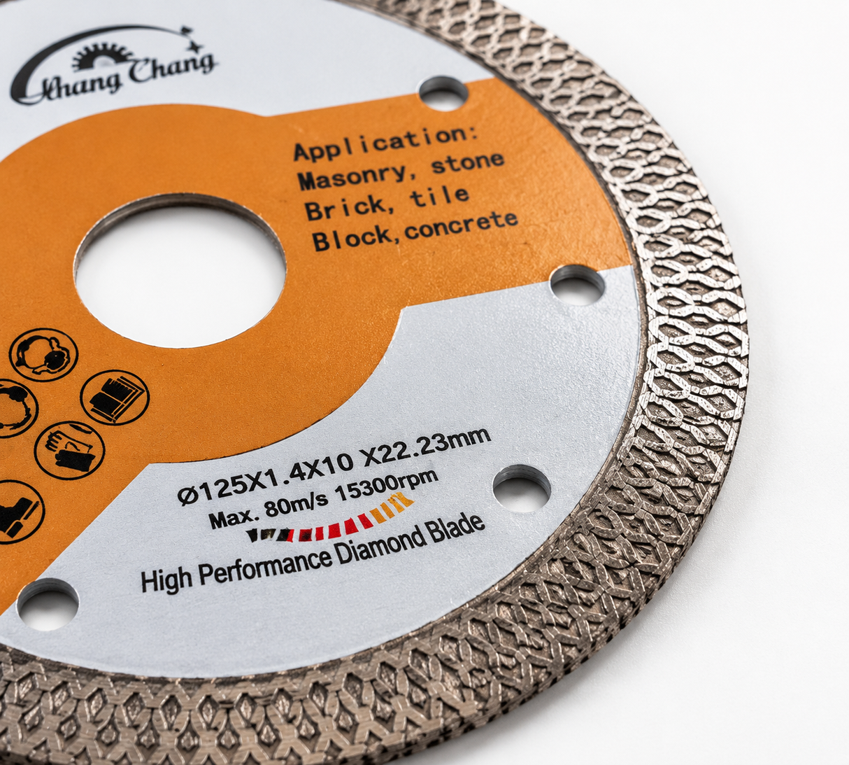 Close-up of 4.5 inch diamond cutting disc showing diamond rim and blade body build quality.