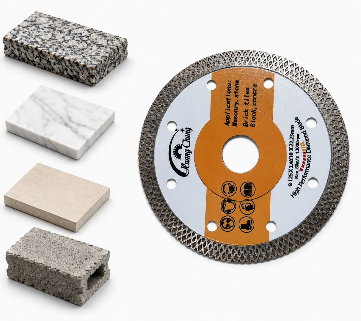 Material compatibility for 4.5 inch diamond cutting disc: tile, ceramic, marble and stone.