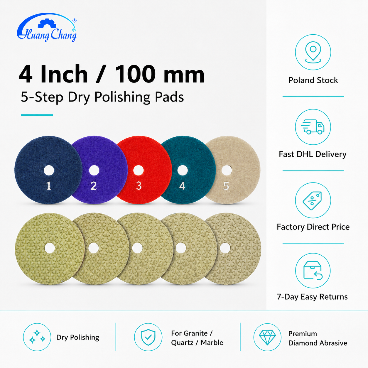 4 Inch 100mm 5 Step Dry Diamond Polishing Pad Set for Granite Quartz Marble