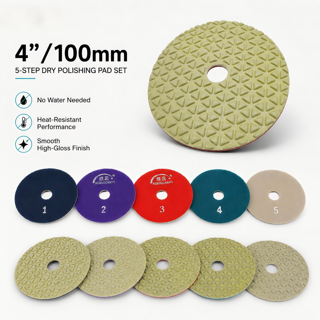 Five numbered 4 inch dry polishing pads