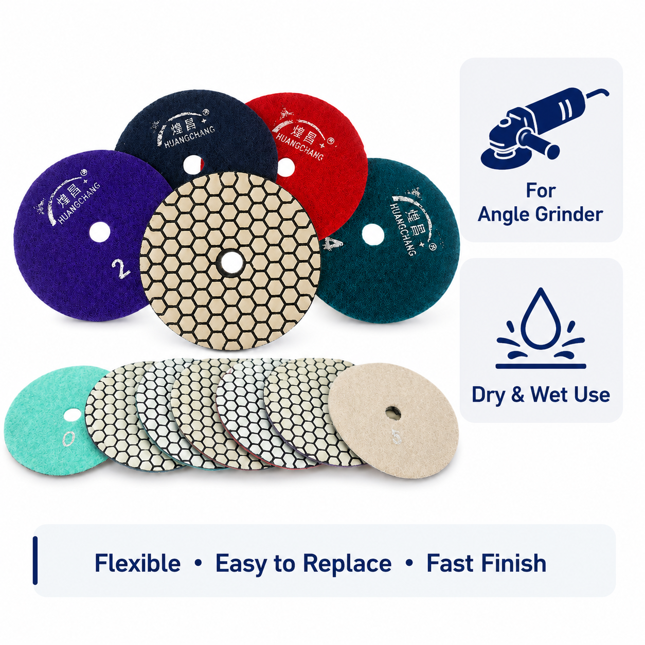 4 Inch Dry Diamond Polishing Pads Set for Angle Grinders, 50-3000 Grit