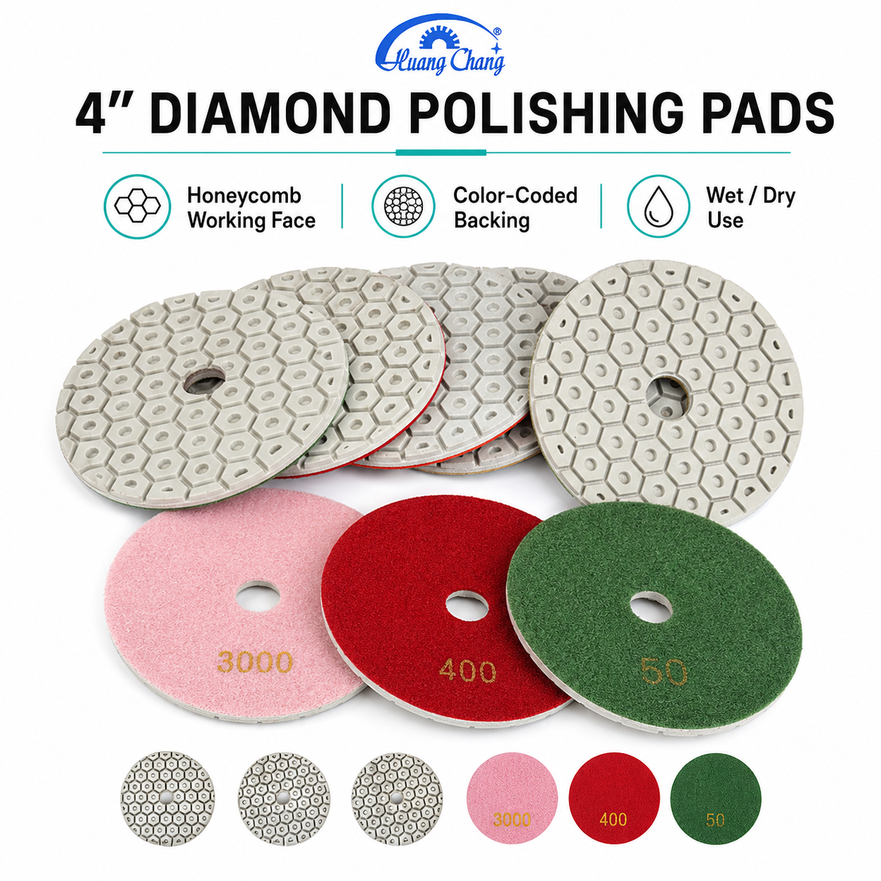 4 Inch Honeycomb Diamond Polishing Pads Wet/Dry for Granite Marble Concrete