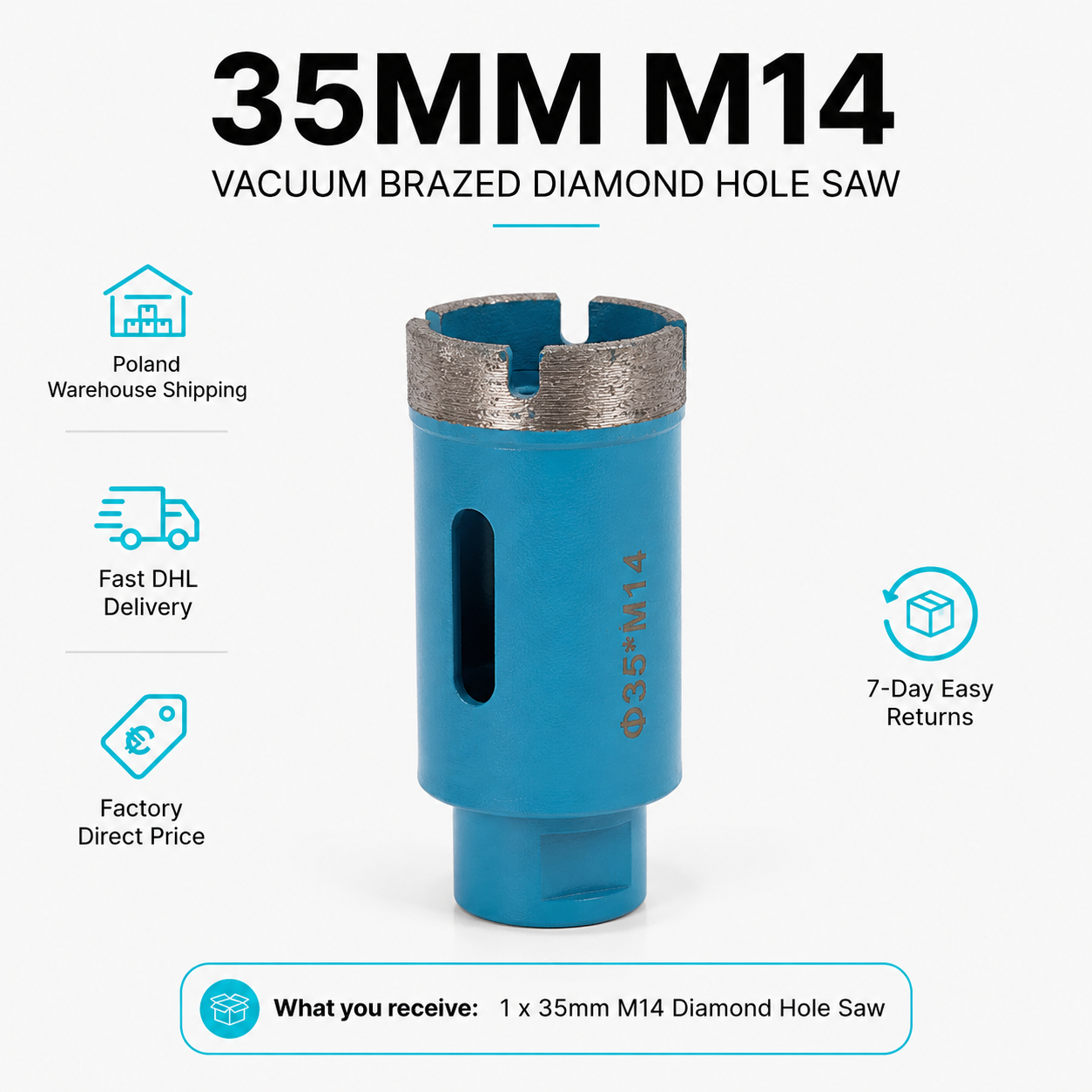 35mm M14 Vacuum Brazed Diamond Hole Saw for Porcelain Tile, Ceramic, Marble & Granite