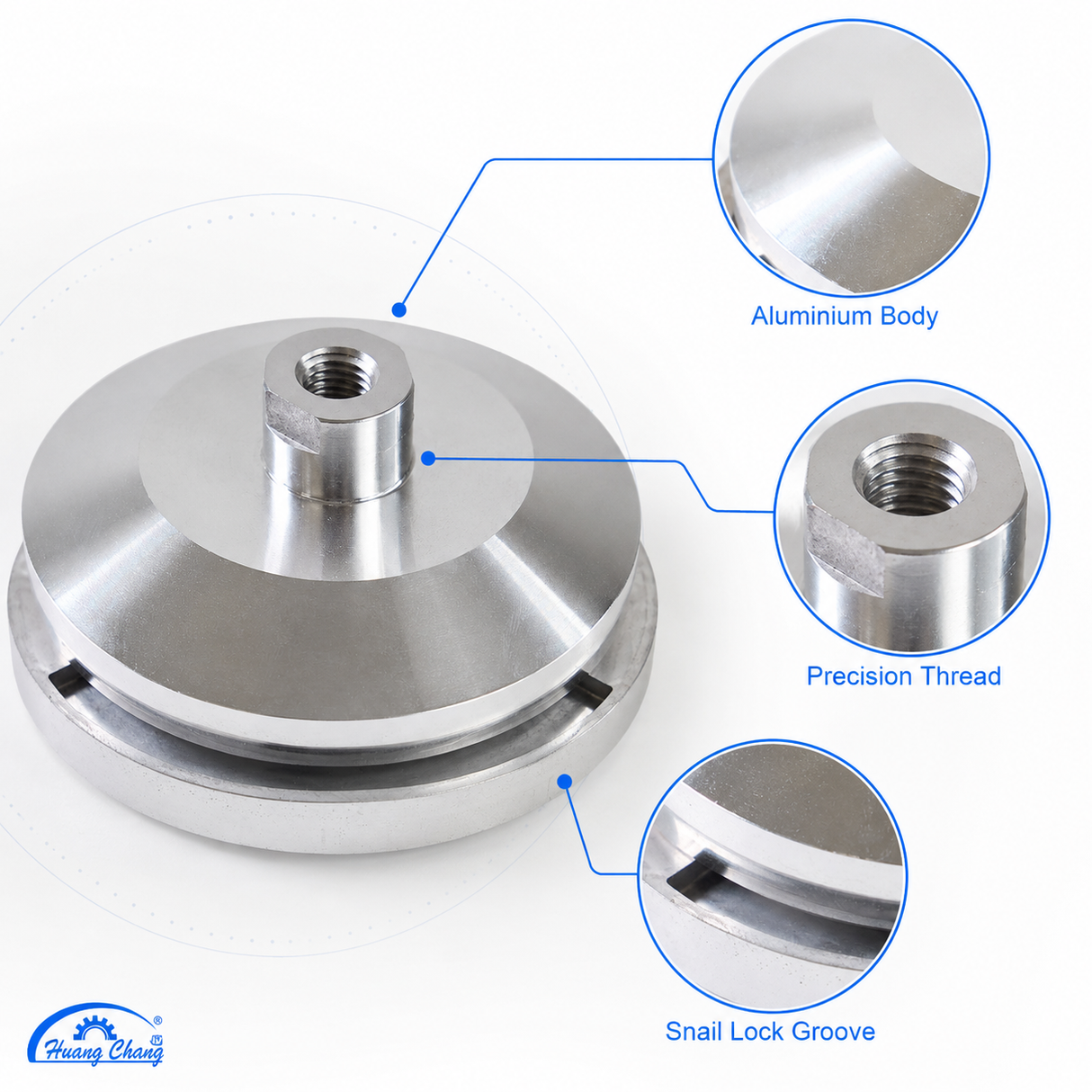 Aluminum body thread and snail lock groove detail view
