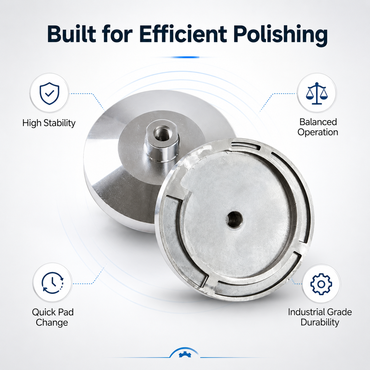 Front and rear product views of aluminum snail lock backer pad holder