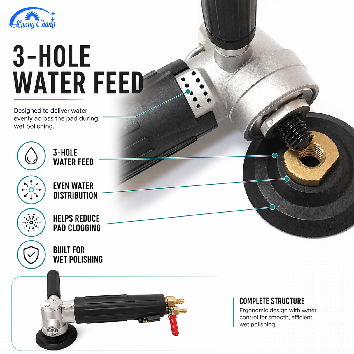 Three hole water feed graphic for pneumatic wet polisher