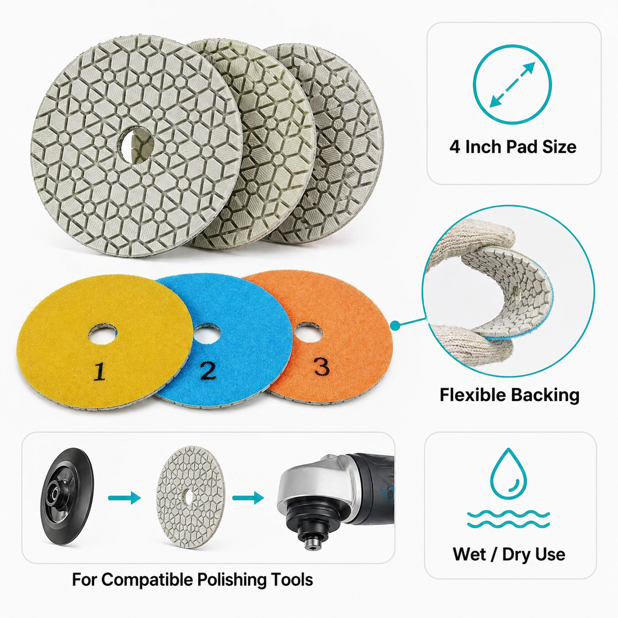 4 Inch 3-Step Diamond Polishing Pads for Concrete, Marble and Quartz