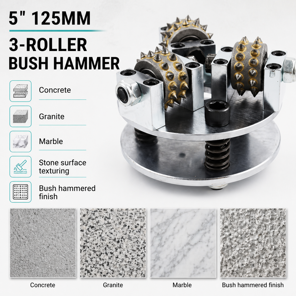 5 Inch 125mm Bush Hammer with 3 Rollers for Angle Grinders