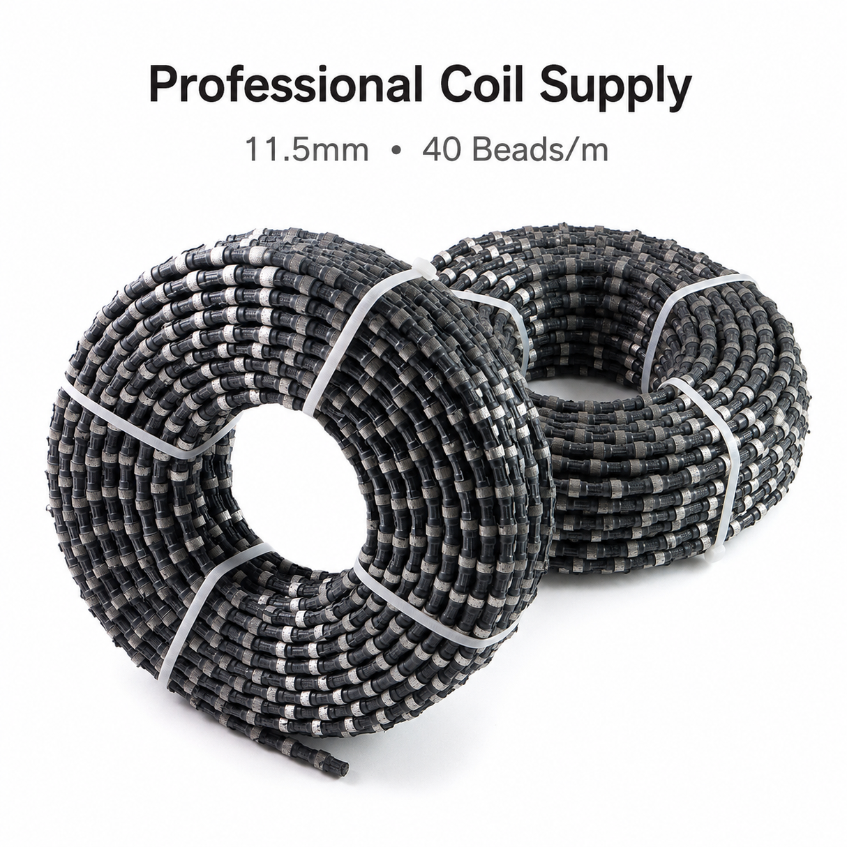 Diamond wire saw rope marked 11.5mm and 40 beads per metre