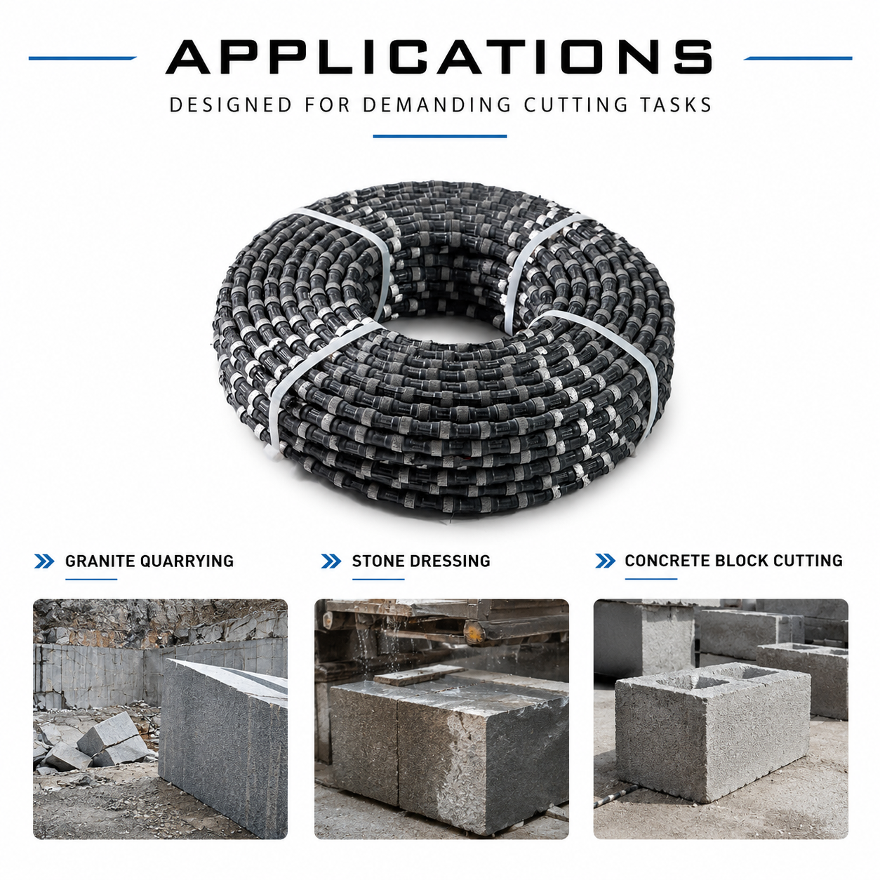 11.5mm Diamond Wire Saw Rope for Granite Quarrying, Stone Dressing & Concrete Block Cutting