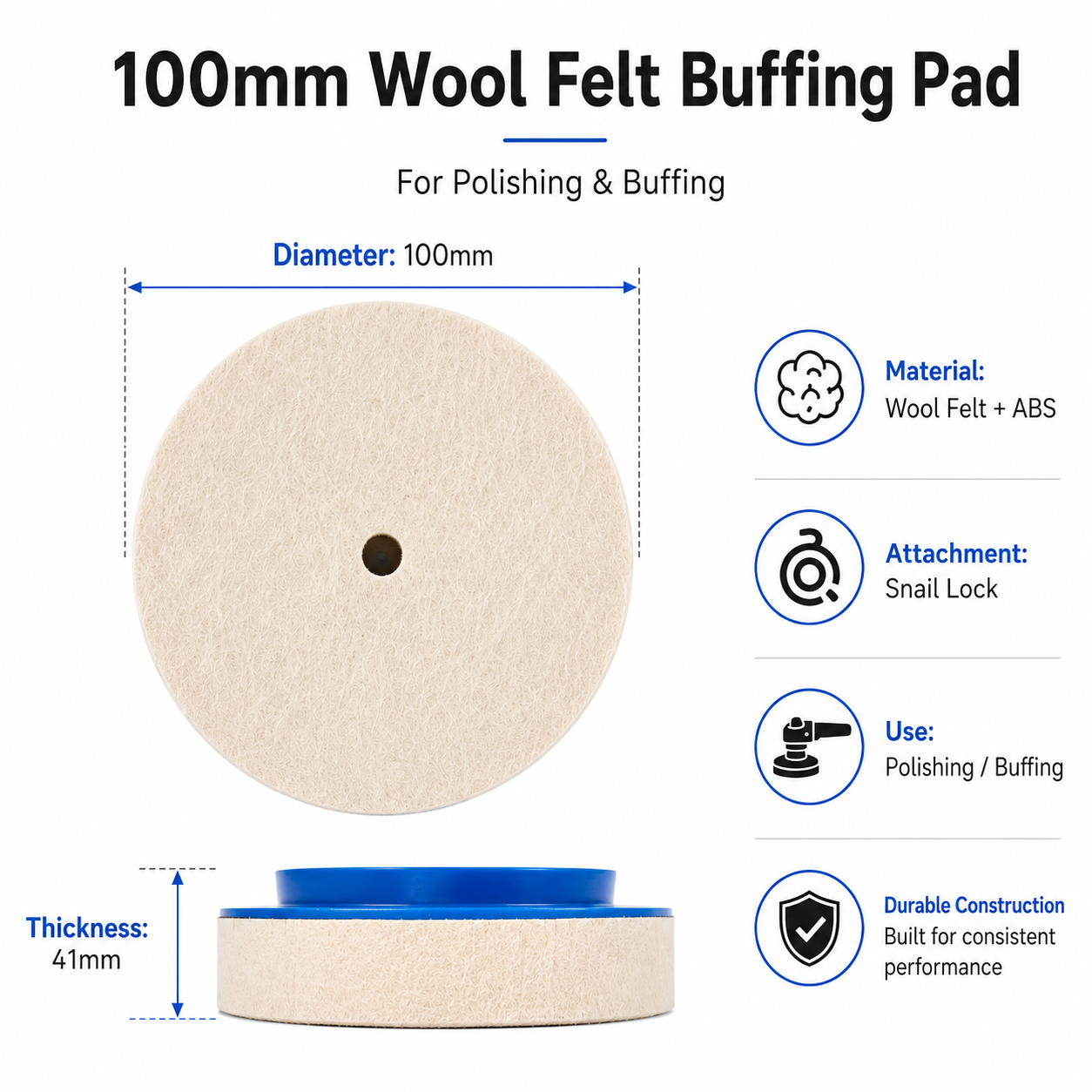 100mm Wool Felt Buffing Pad with ABS Snail Lock Backing for Marble, Glass, Metal & Stainless Steel Polishing