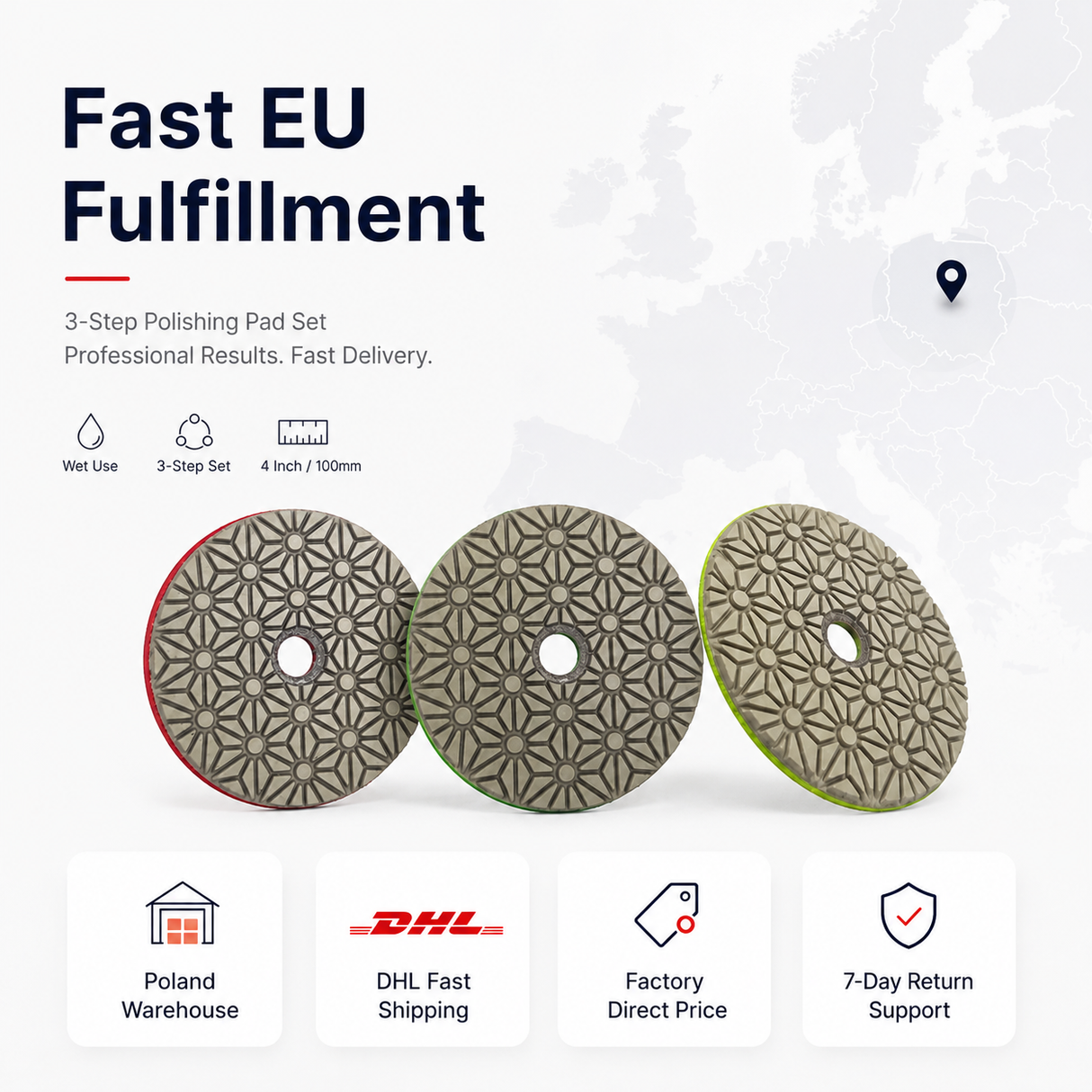 Wet Use 3 Step 4 Inch Diamond Polishing Pads for Granite Marble Quartz Concrete Terrazzo