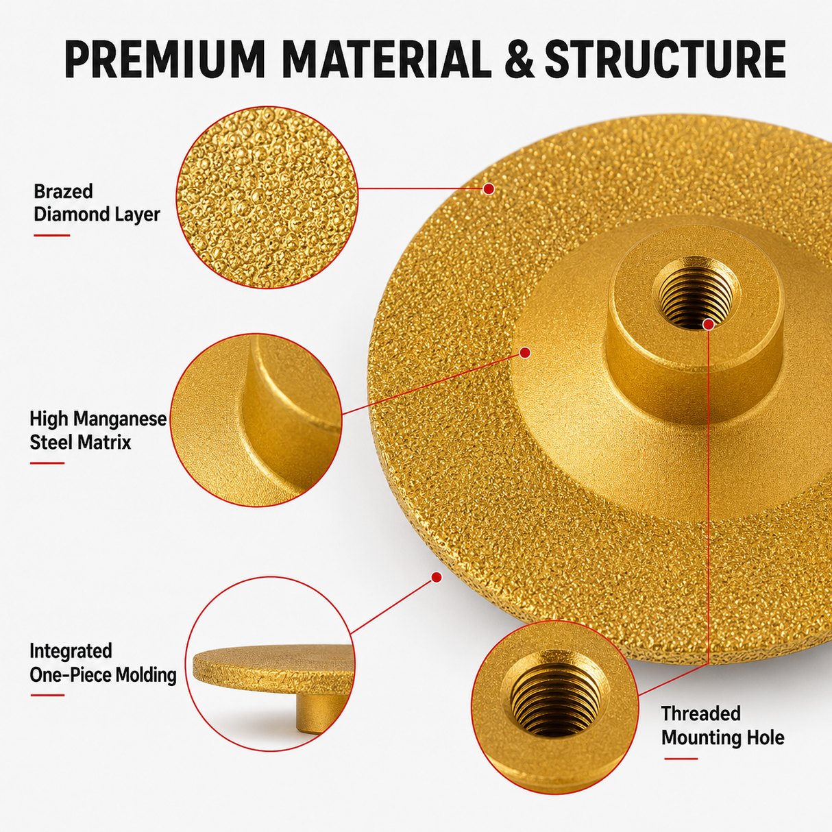 Brazed diamond grinding head material and structure