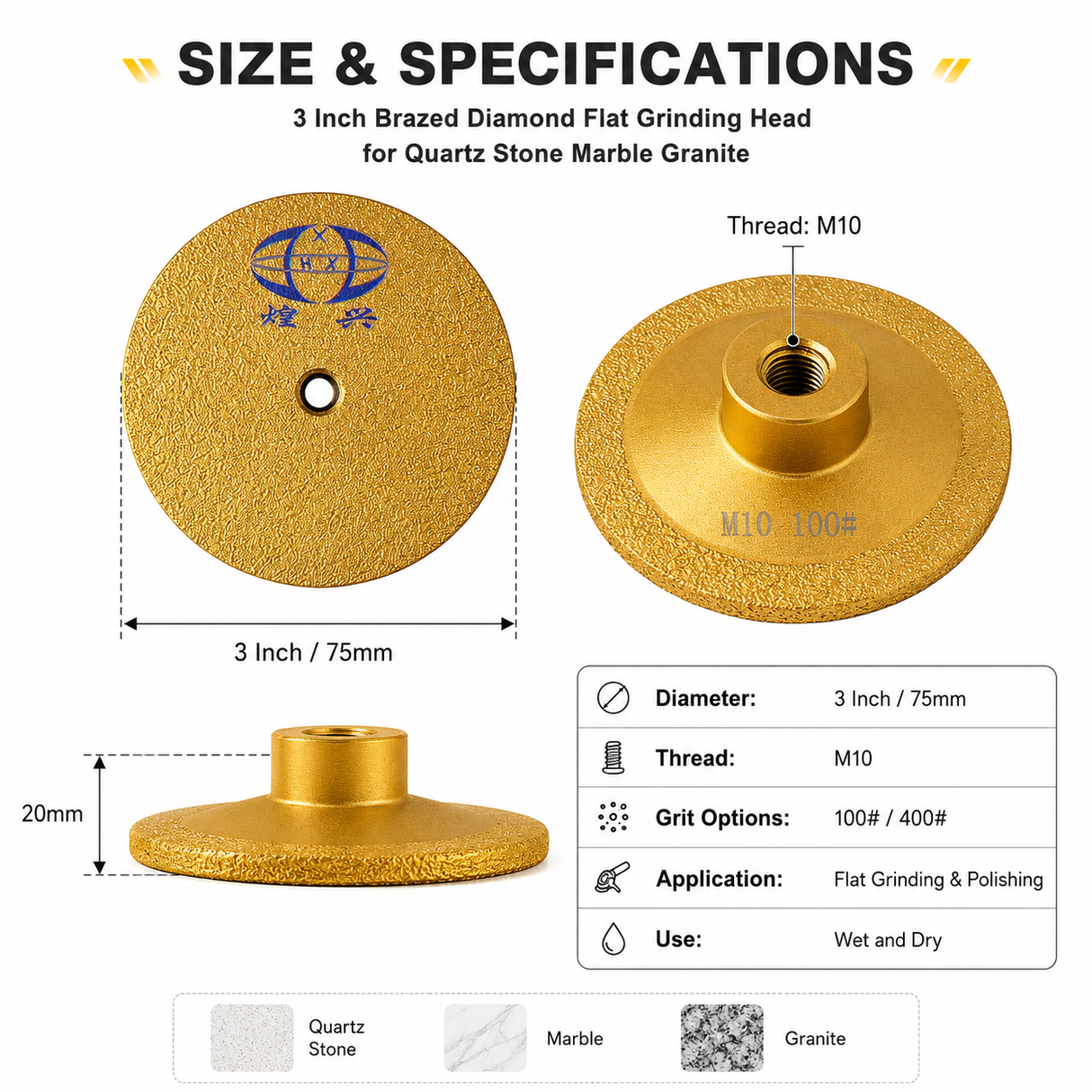 3 inch brazed diamond grinding head size and specifications