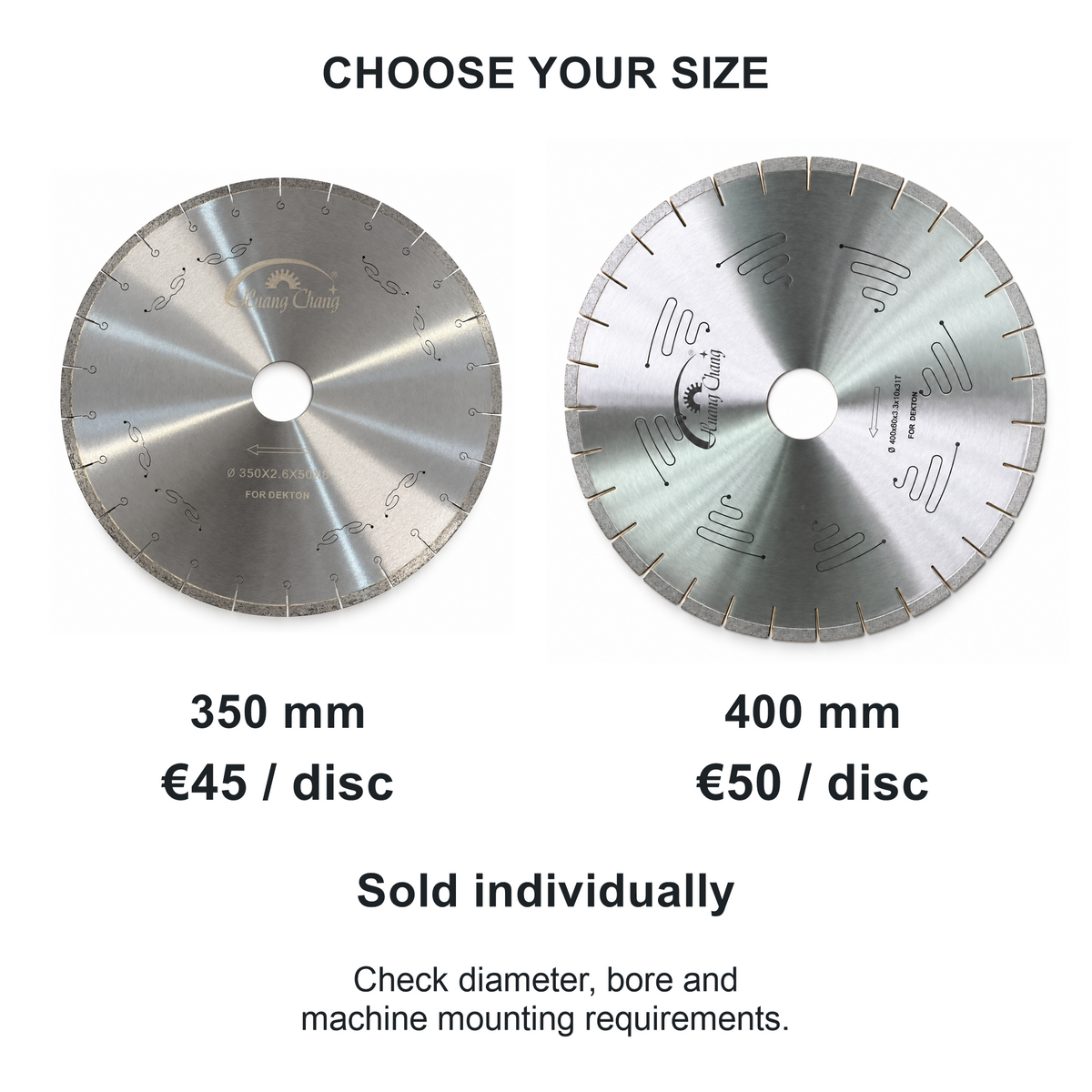 Separate single-disc options: 350 mm Dekton blade for €45 and 400 mm for €50