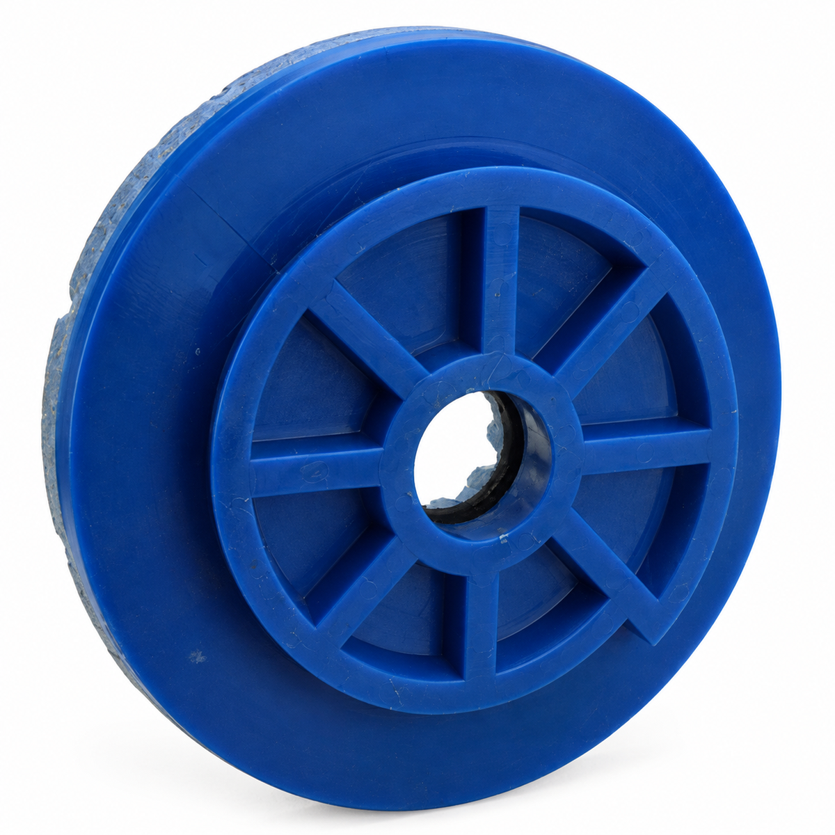 Rear view of the blue Snail Lock backing with visible ribs and central opening.