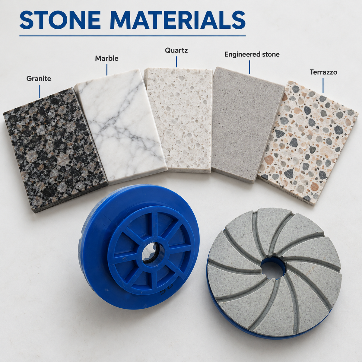 Front and rear product views with granite, marble, quartz, engineered stone and terrazzo samples.