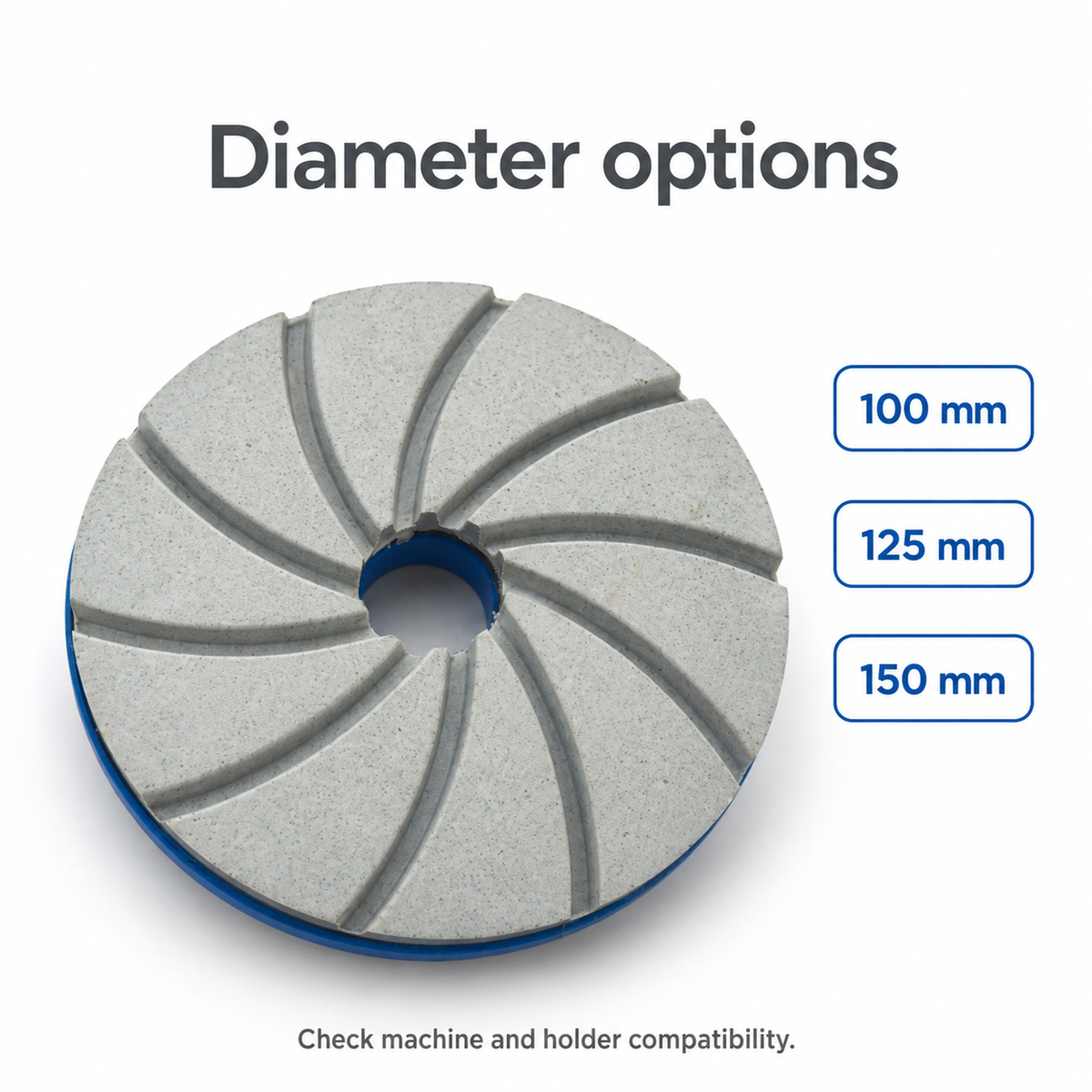 Representative polishing wheel with 100 mm, 125 mm and 150 mm diameter choices.