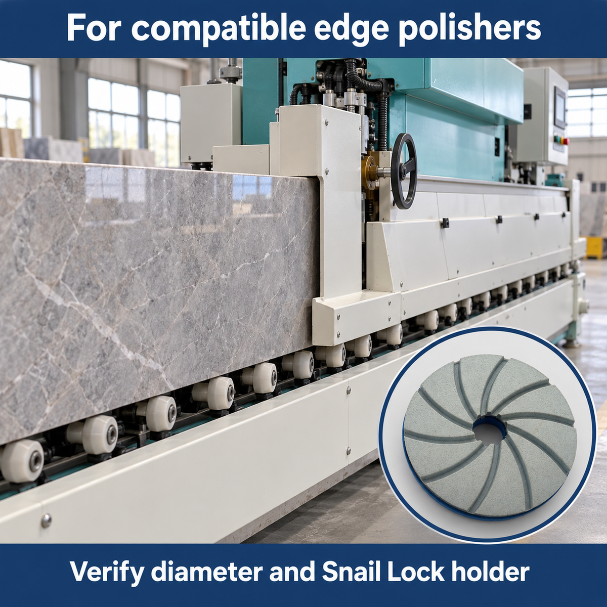 Illustrated stone edge-polisher context with a product inset and holder compatibility reminder.