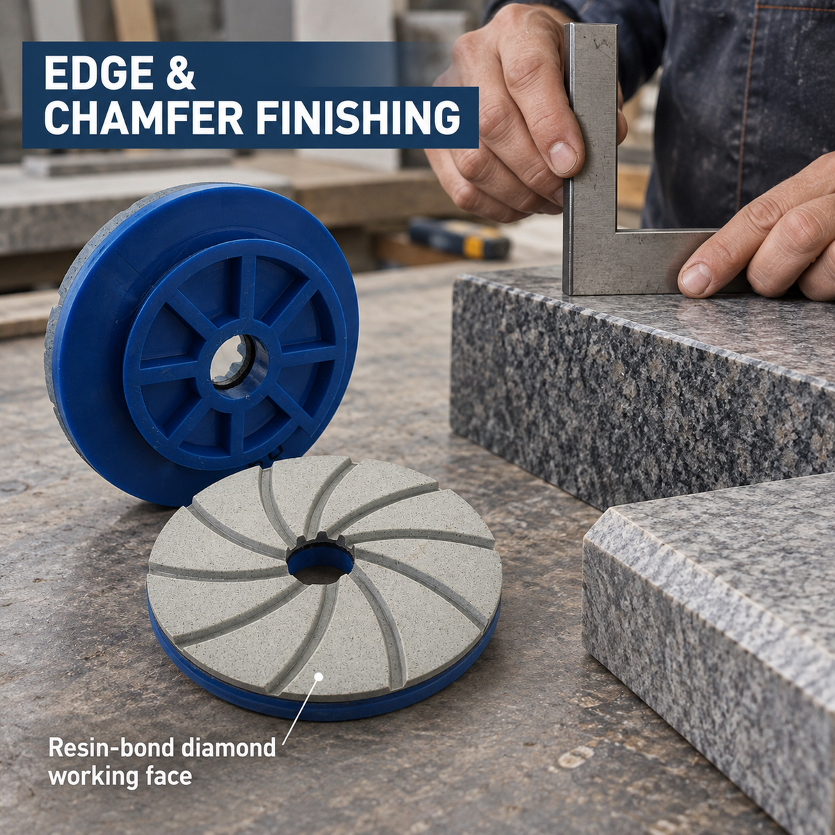 Polishing wheel views beside straight and chamfered stone samples during a manual edge inspection.
