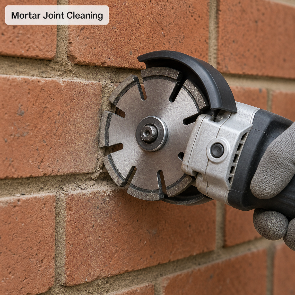 mortar raking blade cleaning brick joint with angle grinder
