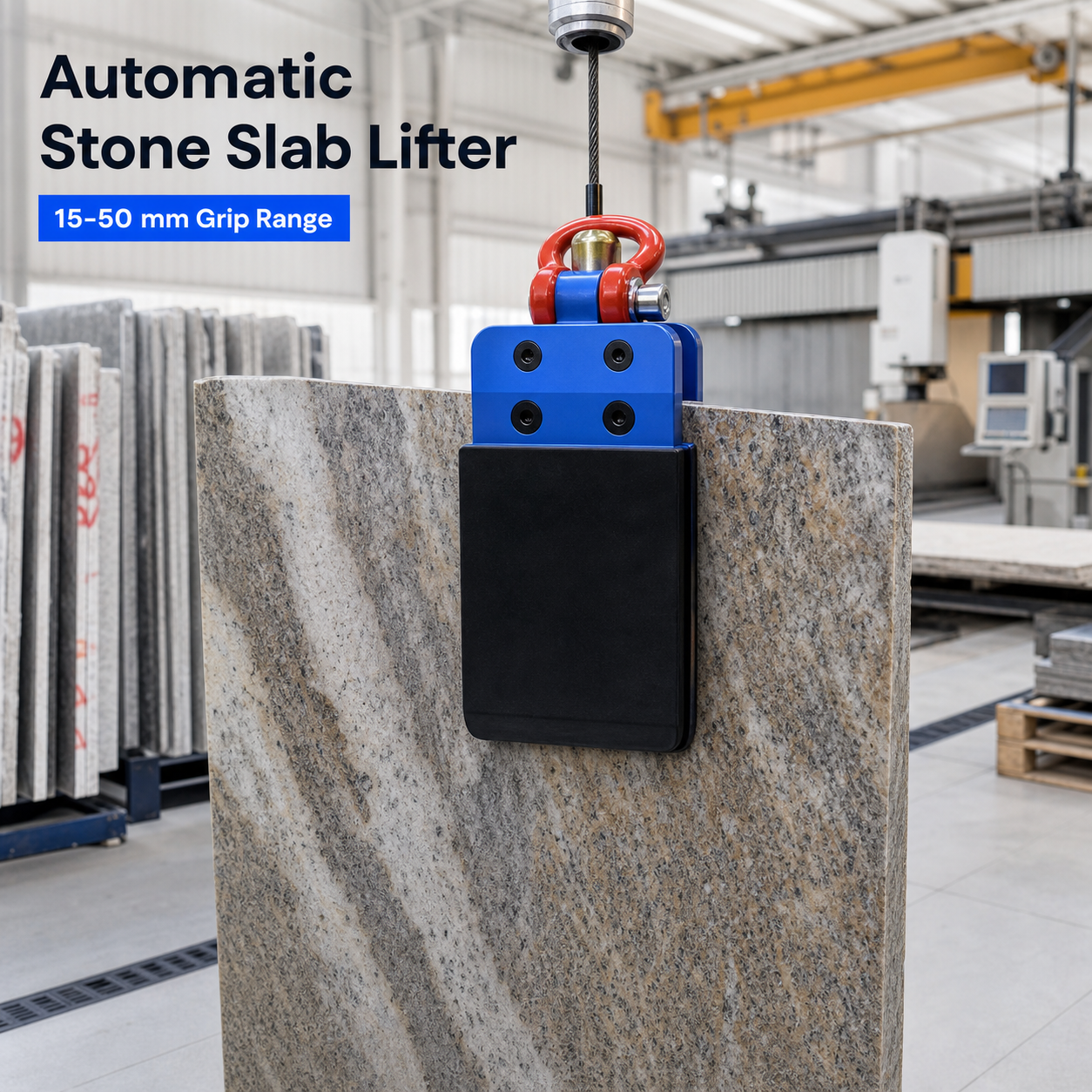 Automatic stone slab lifter with 15-50 mm grip range in stone workshop