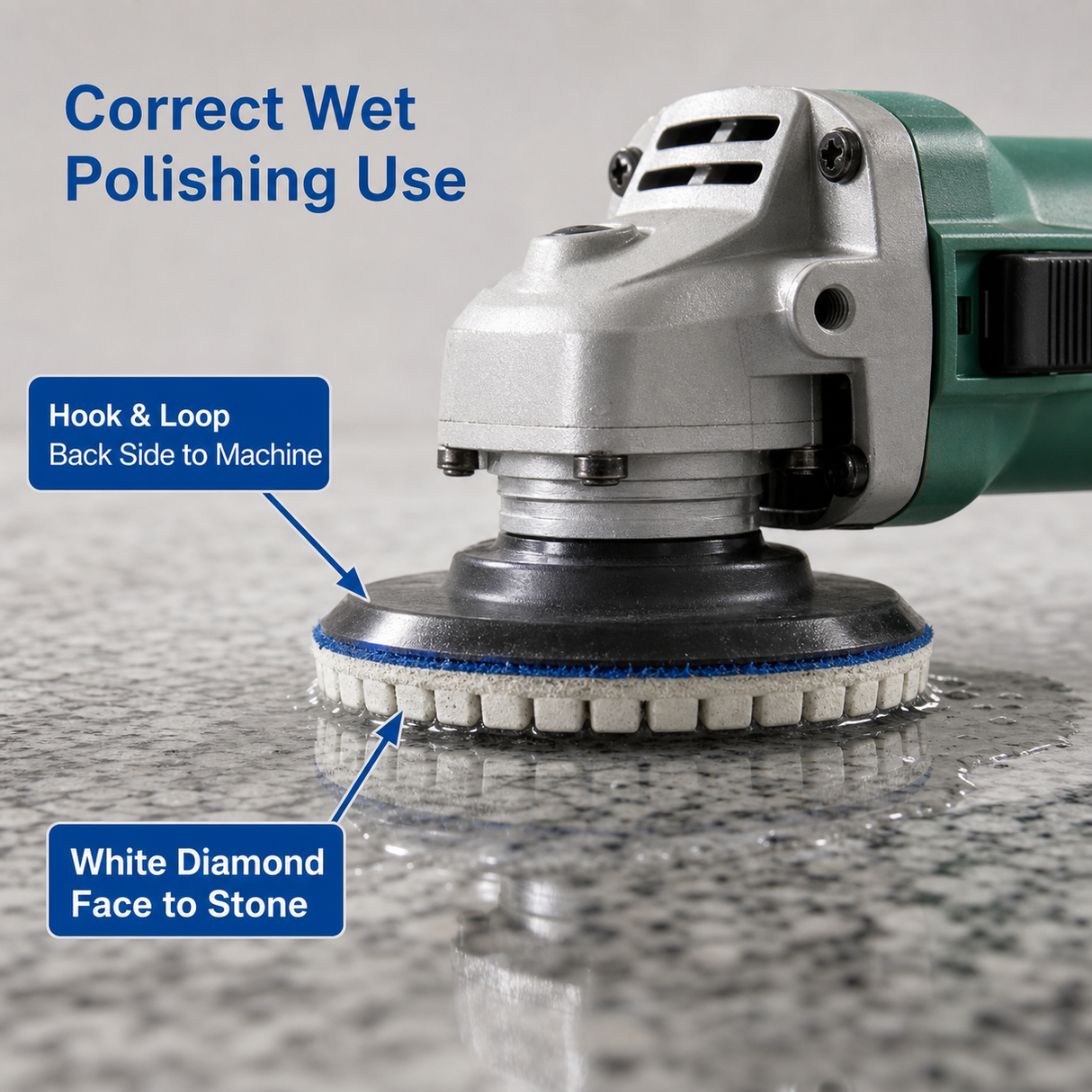 Correct wet polishing use with white diamond face touching stone