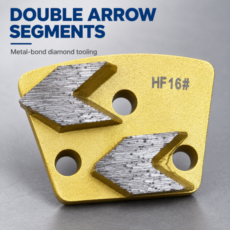 Double-arrow diamond grinding shoe for concrete; compare all four floor grinding shoe designs