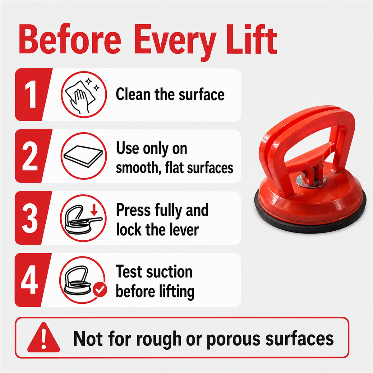 Suction cup handle surface preparation and grip check steps