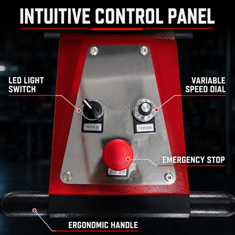 Planetary floor grinder control panel with speed dial and emergency stop
