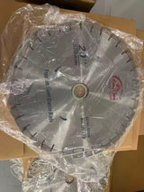 Packaged large diamond bridge saw blade photographed in a wooden crate