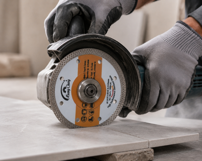 4.5 inch diamond cutting disc cutting tile and ceramic with a handheld angle grinder.