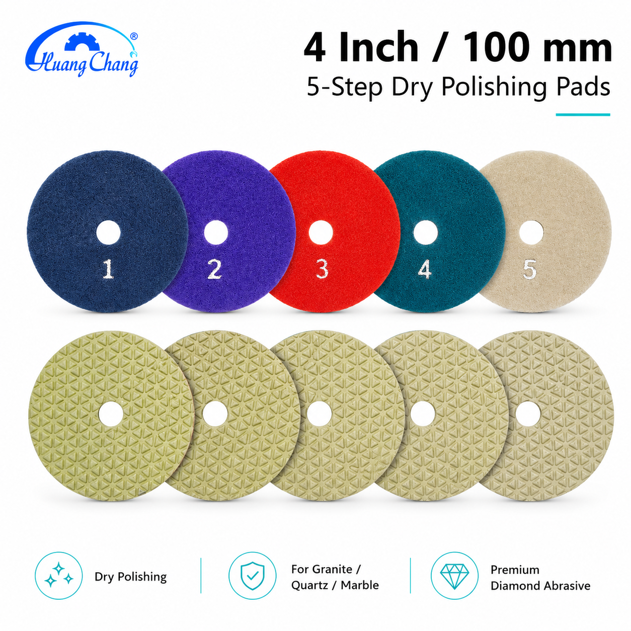4 Inch 100mm 5 Step Dry Diamond Polishing Pad Set for Granite Quartz Marble