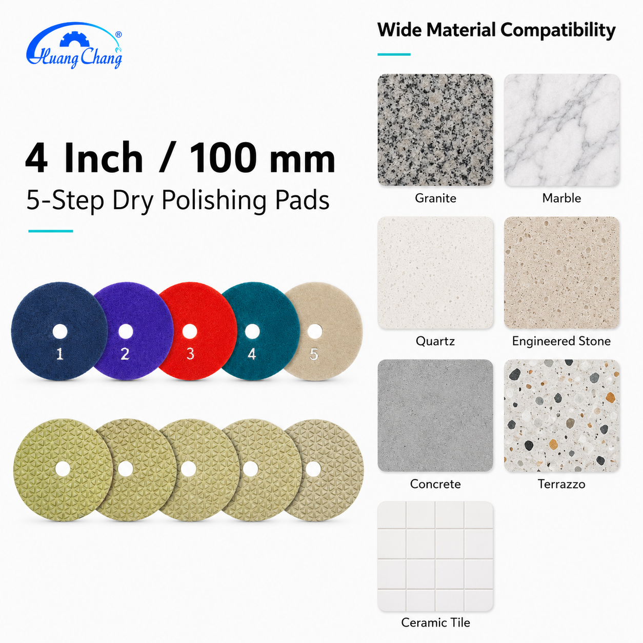 4 Inch 100mm 5 Step Dry Diamond Polishing Pad Set for Granite Quartz Marble
