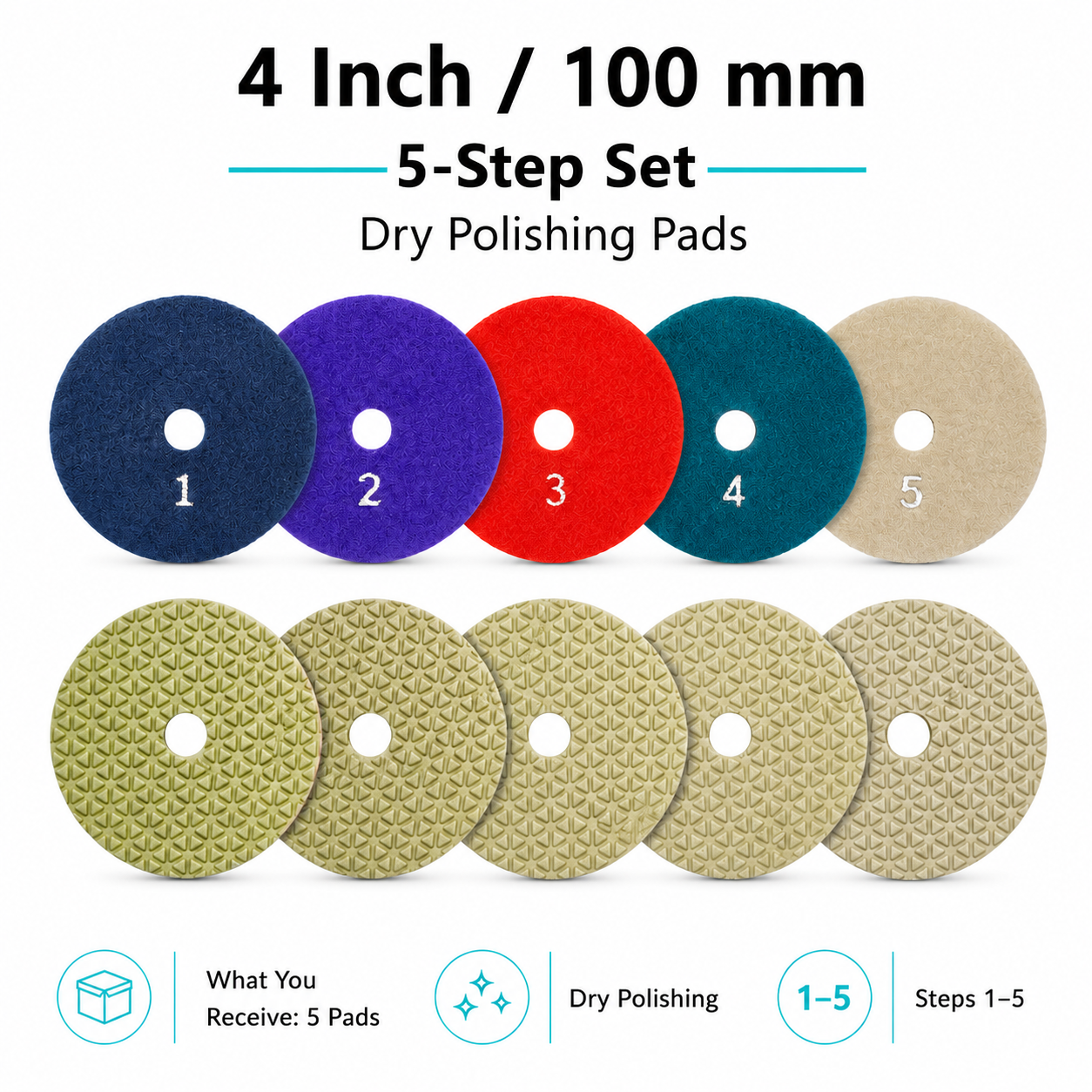 4 Inch 100mm 5 Step Dry Diamond Polishing Pad Set for Granite Quartz Marble