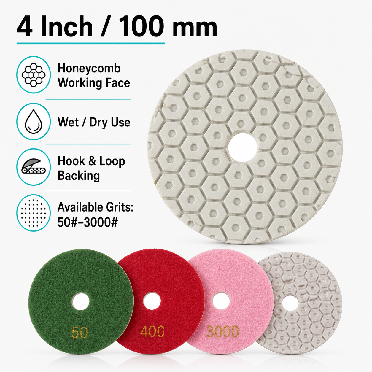 4 Inch Honeycomb Diamond Polishing Pads Wet/Dry for Granite Marble Concrete