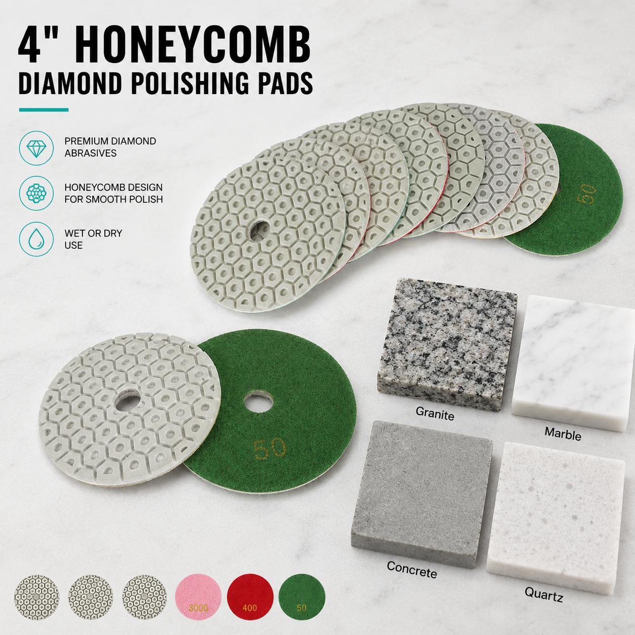 4 Inch Honeycomb Diamond Polishing Pads Wet/Dry for Granite Marble Concrete