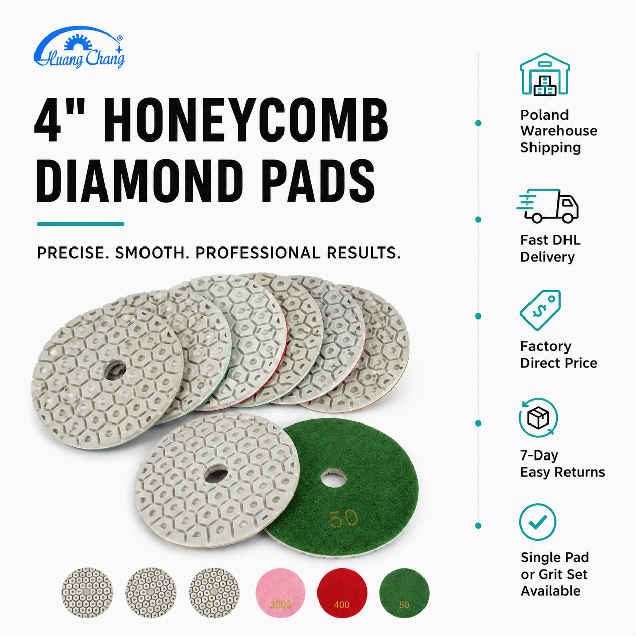 4 Inch Honeycomb Diamond Polishing Pads Wet/Dry for Granite Marble Concrete