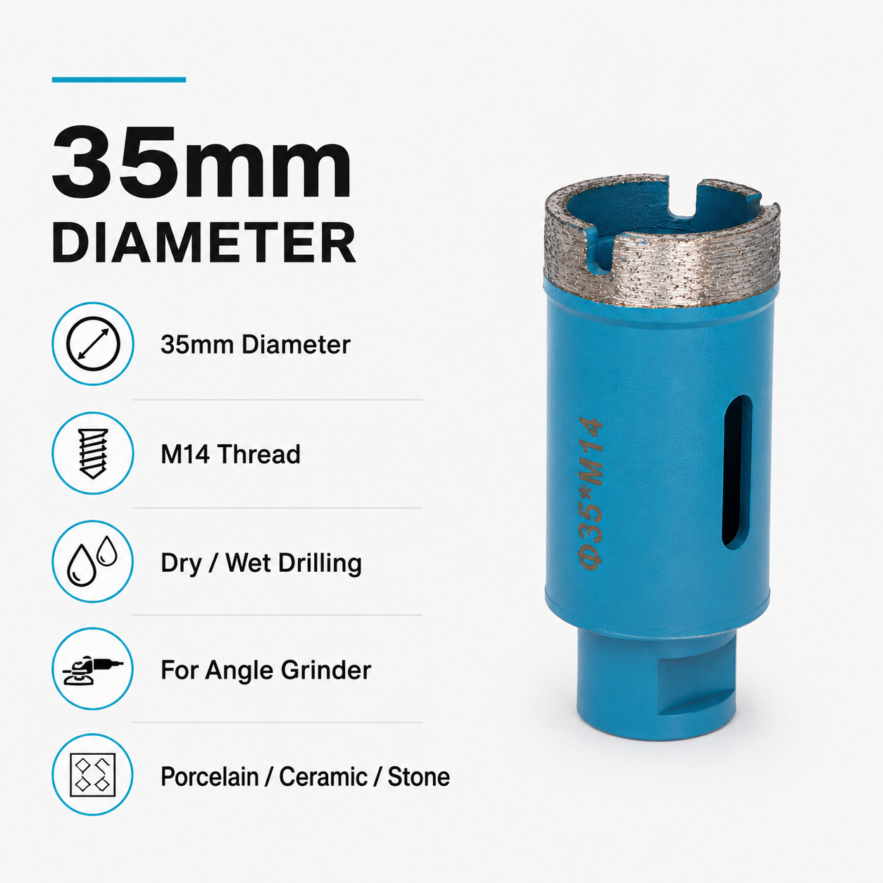 35mm M14 Vacuum Brazed Diamond Hole Saw for Porcelain Tile, Ceramic, Marble & Granite
