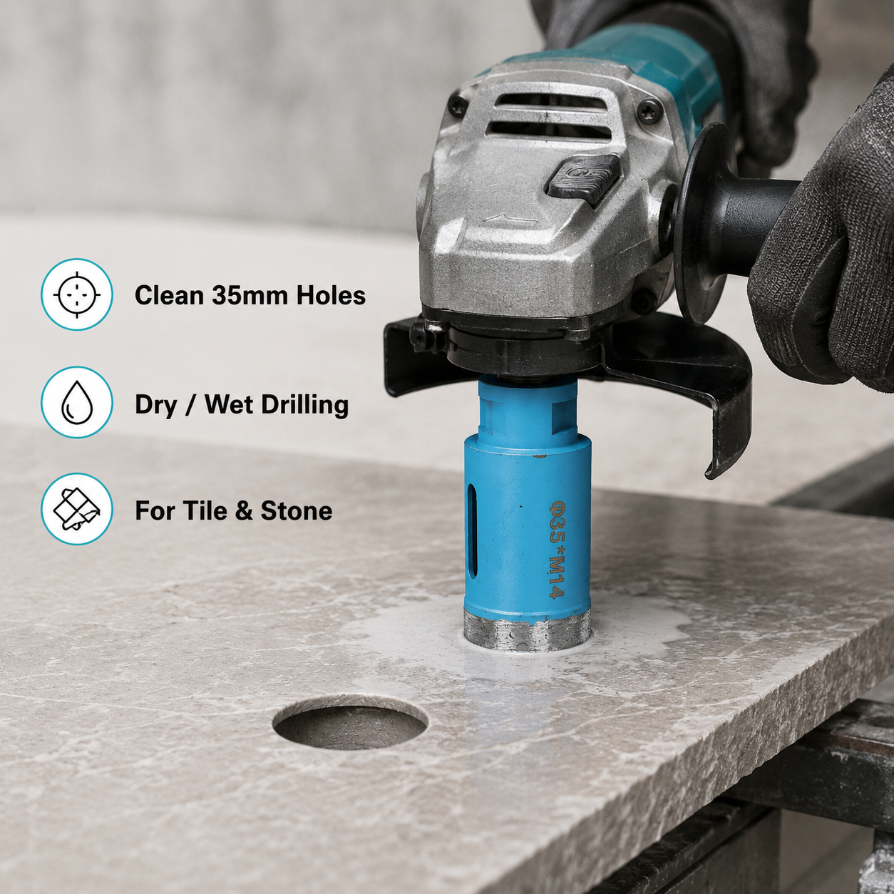 35mm M14 Vacuum Brazed Diamond Hole Saw for Porcelain Tile, Ceramic, Marble & Granite