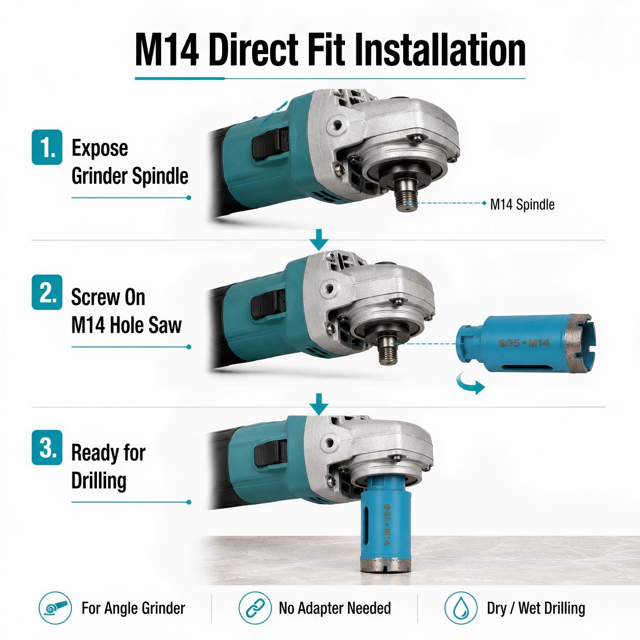 35mm M14 Vacuum Brazed Diamond Hole Saw for Porcelain Tile, Ceramic, Marble & Granite