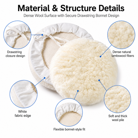 Wool buffing bonnet surface and drawstring construction details