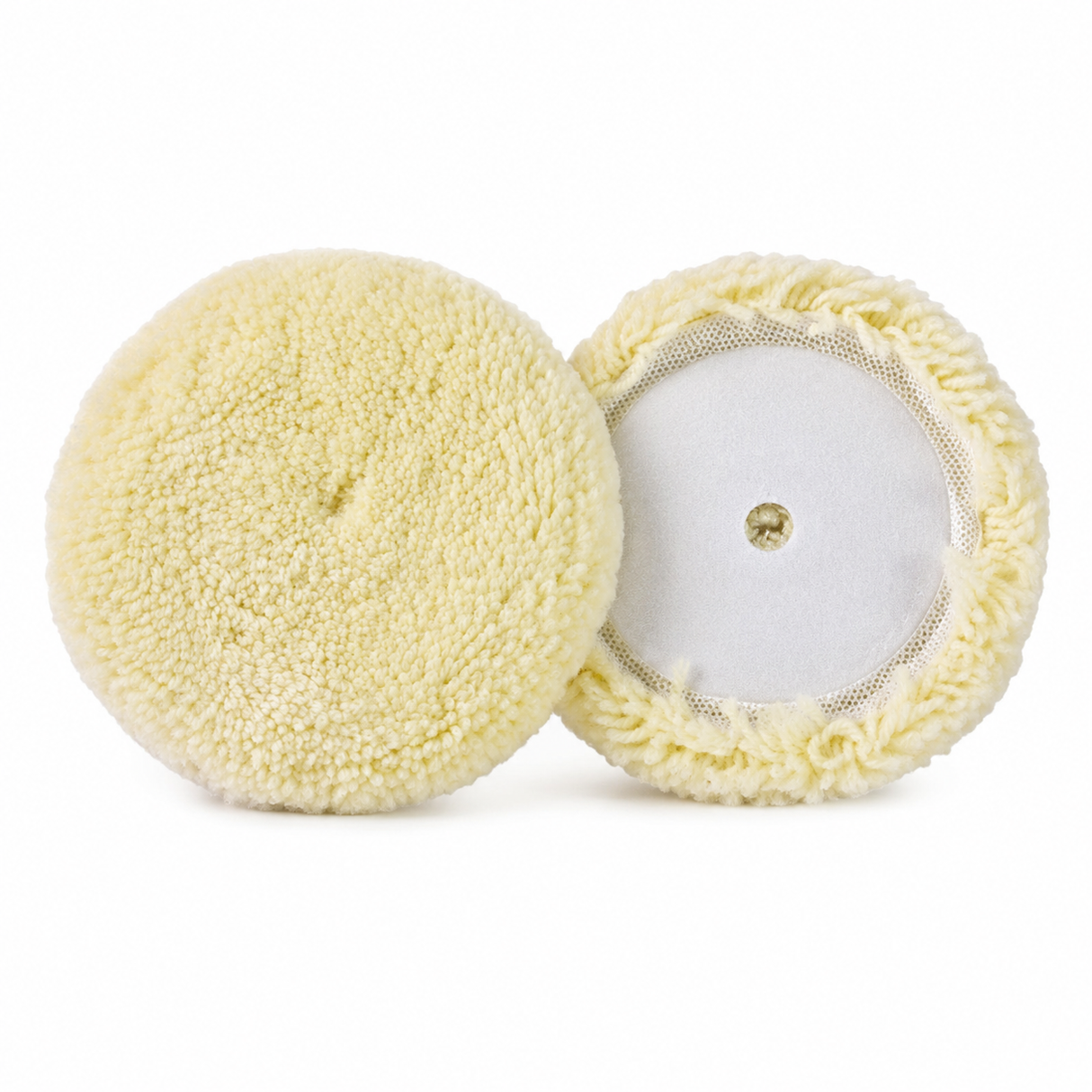 Wool buffing pad front view and hook-and-loop backing view
