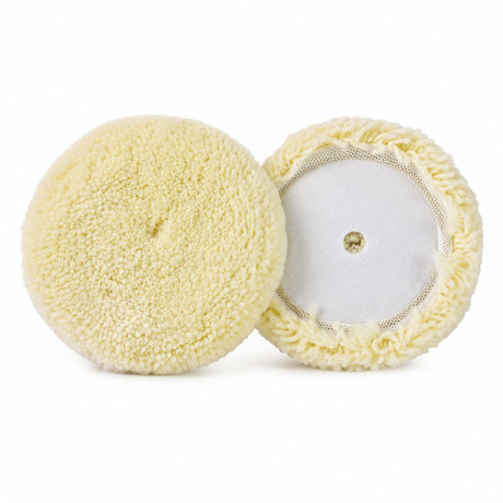 Wool buffing pad front view and hook-and-loop backing view