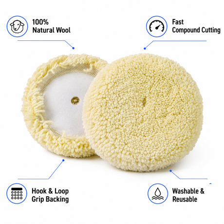 Wool buffing pad feature overview with hook-and-loop backing