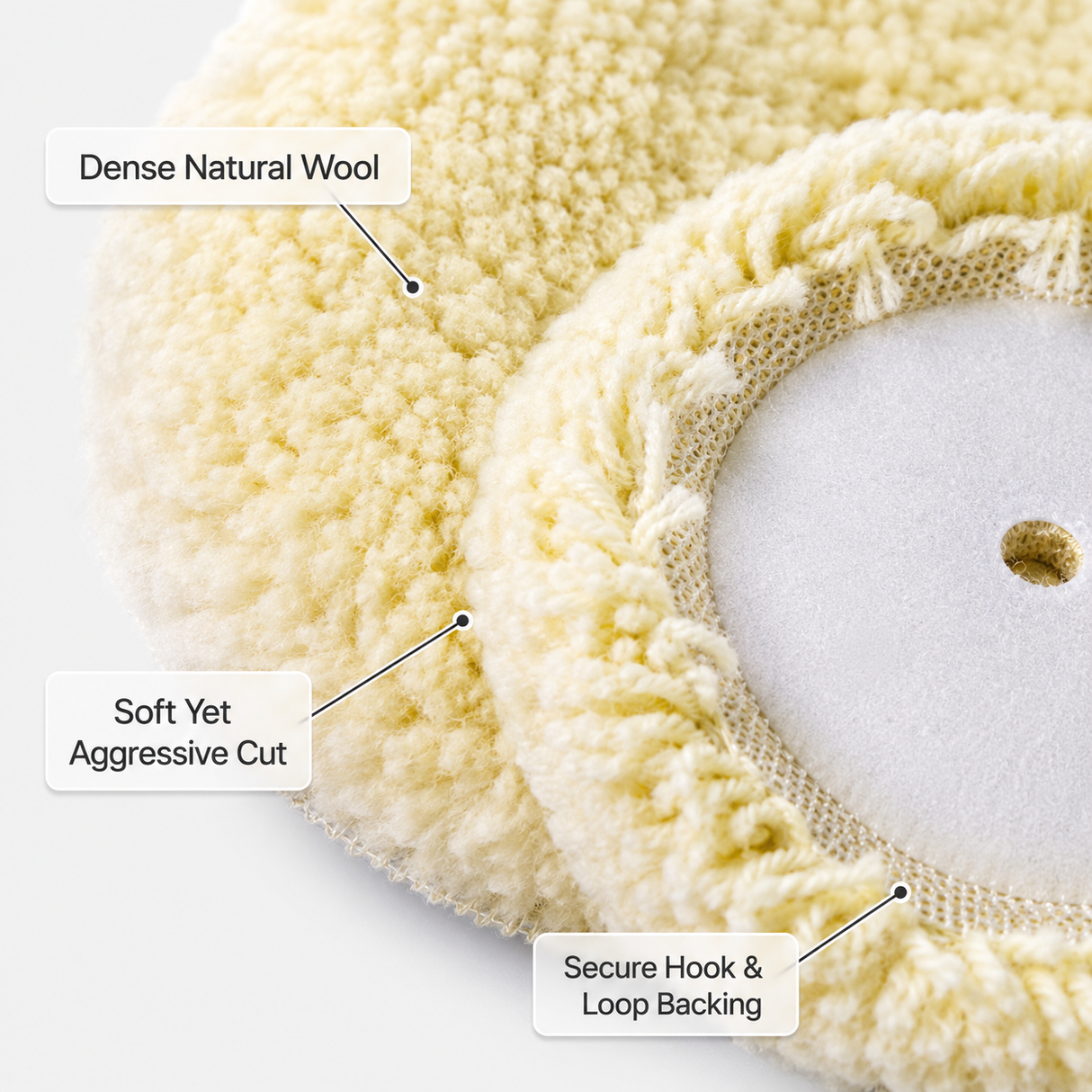 Close-up of wool buffing surface and hook-and-loop backing