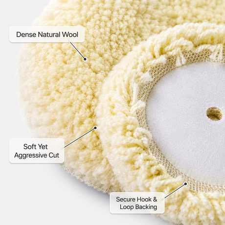 Close-up of wool buffing surface and hook-and-loop backing