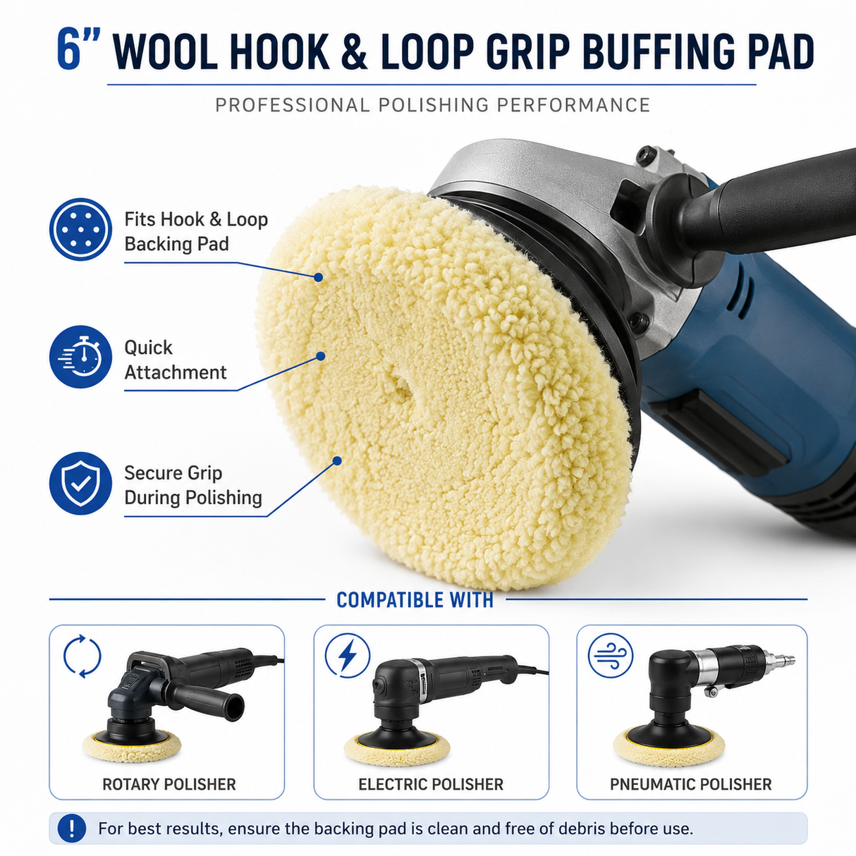 6 inch wool buffing pad fitted to a hook-and-loop backing plate
