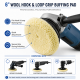 6 inch wool buffing pad fitted to a hook-and-loop backing plate